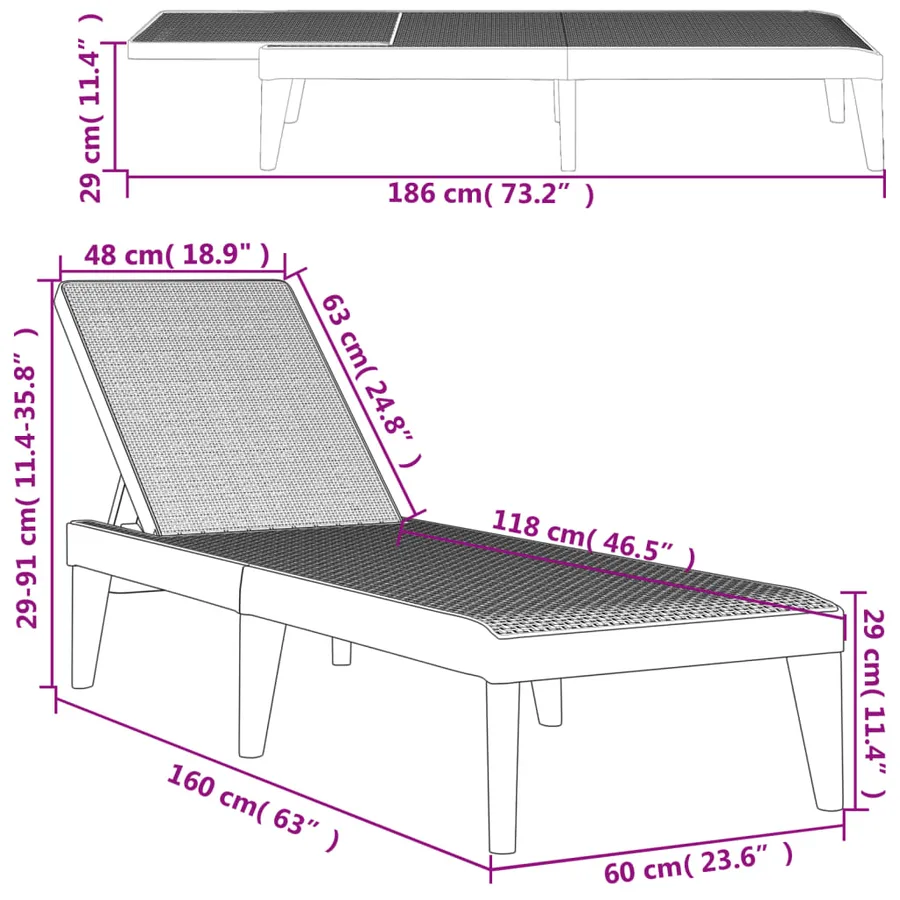 Chaise longue anthracite 186x60x29 cm PP - 20