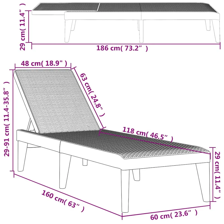 Chaise longue anthracite 186x60x29 cm PP - 50
