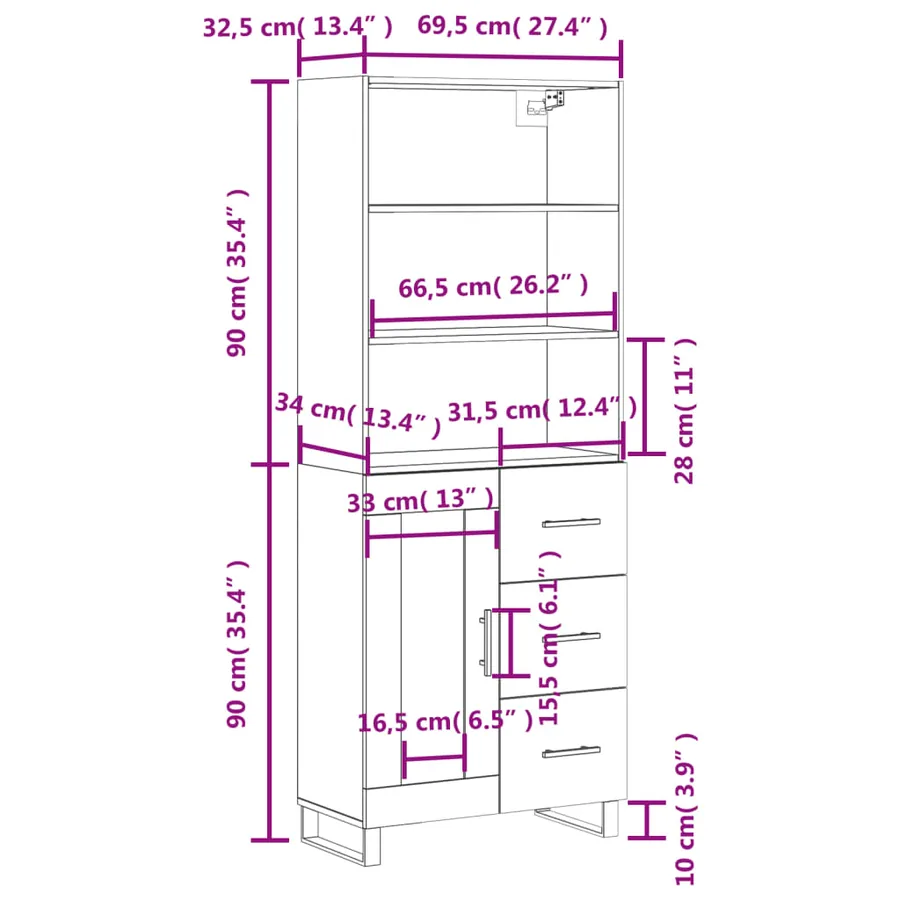 Buffet haut Blanc brillant 69,5x34x180 cm Bois d'ingénierie - 14