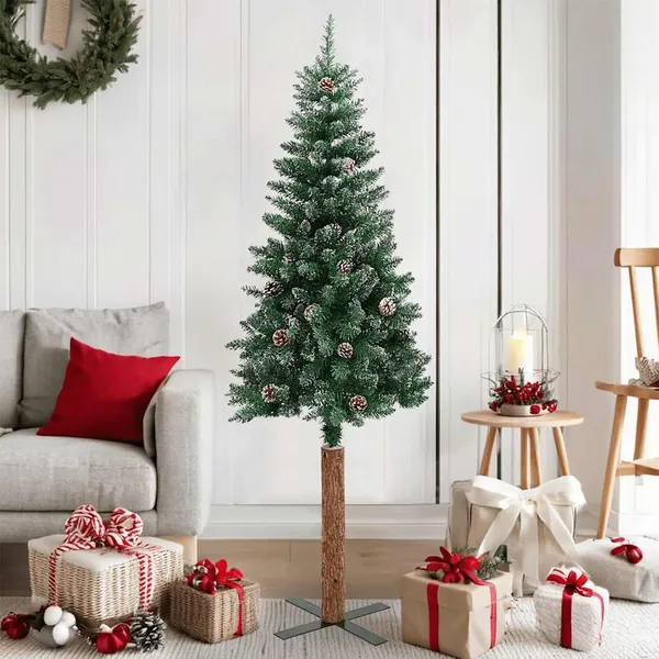 Sapin de Noël mince bois véritable et neige blanche vert 150 cm