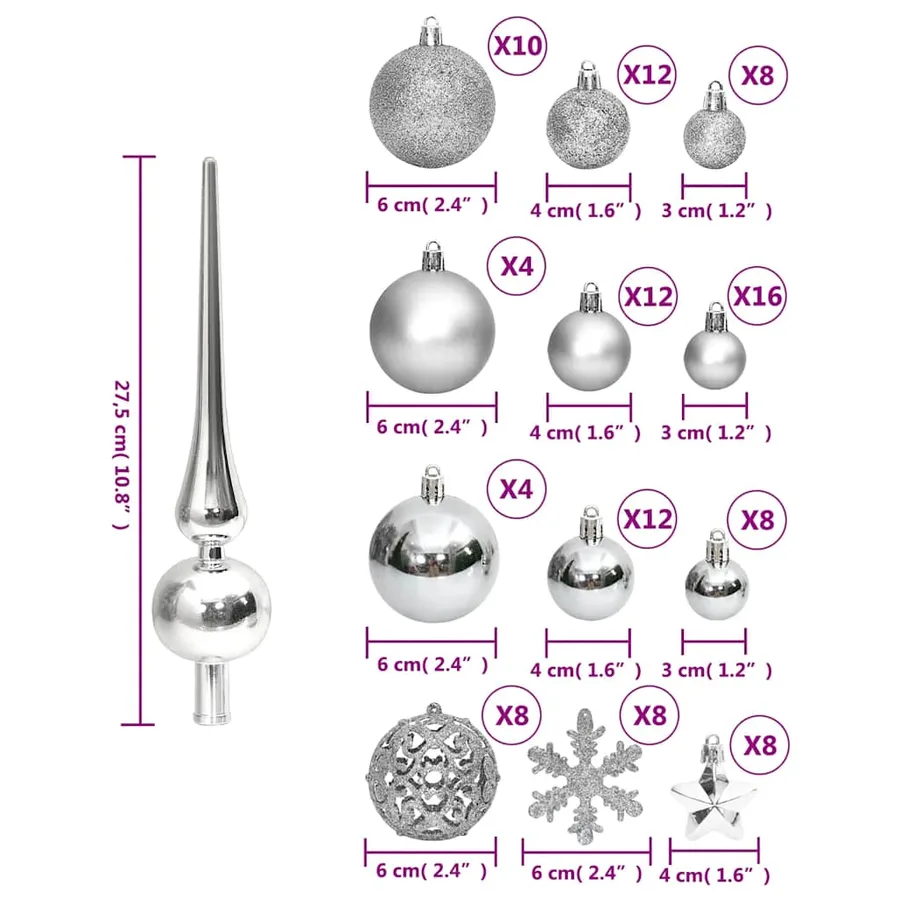 Ensemble de boules de Noël 111 pièces argenté polystyrène - 12