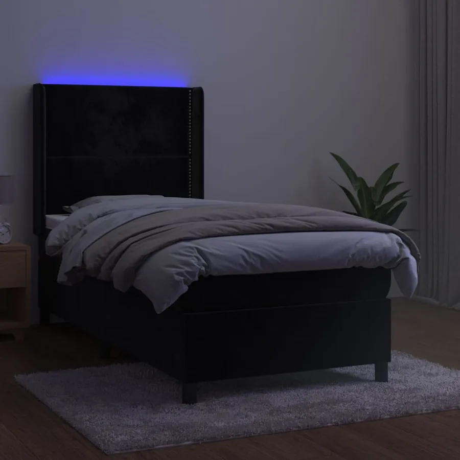 Sommier à lattes de lit matelas et LED Noir 90x200 cm Velours - 3