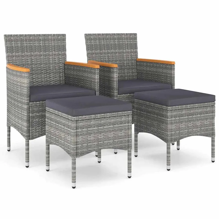 Jeu de chaise et tabouret de jardin 4 pcs Résine tressée Gris - 2