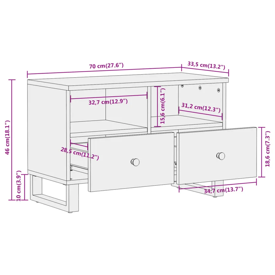 Meuble TV marron et noir 70x33,5x46 cm bois massif de manguier - 11