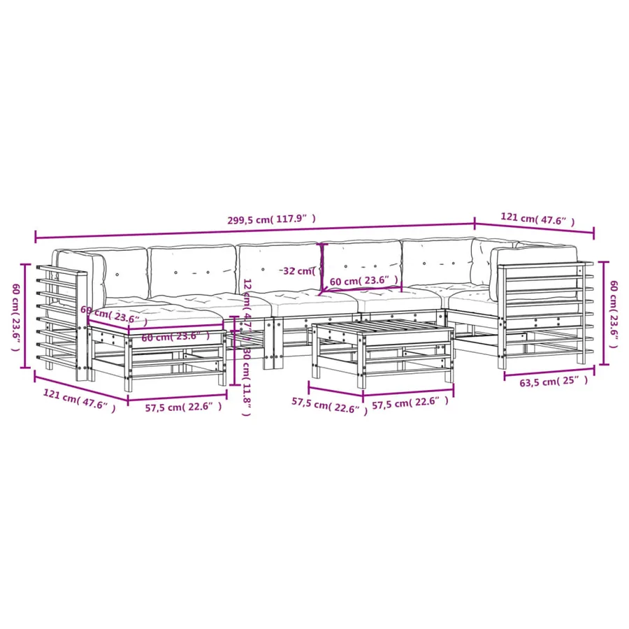 Salon de jardin 8 pcs avec coussins blanc bois massif - 9