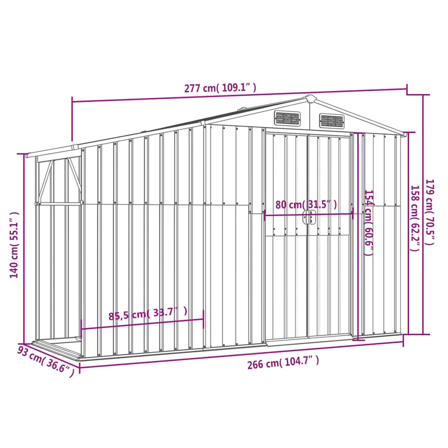 Abri de jardin gris 277x93x179 cm acier galvanisé - 9
