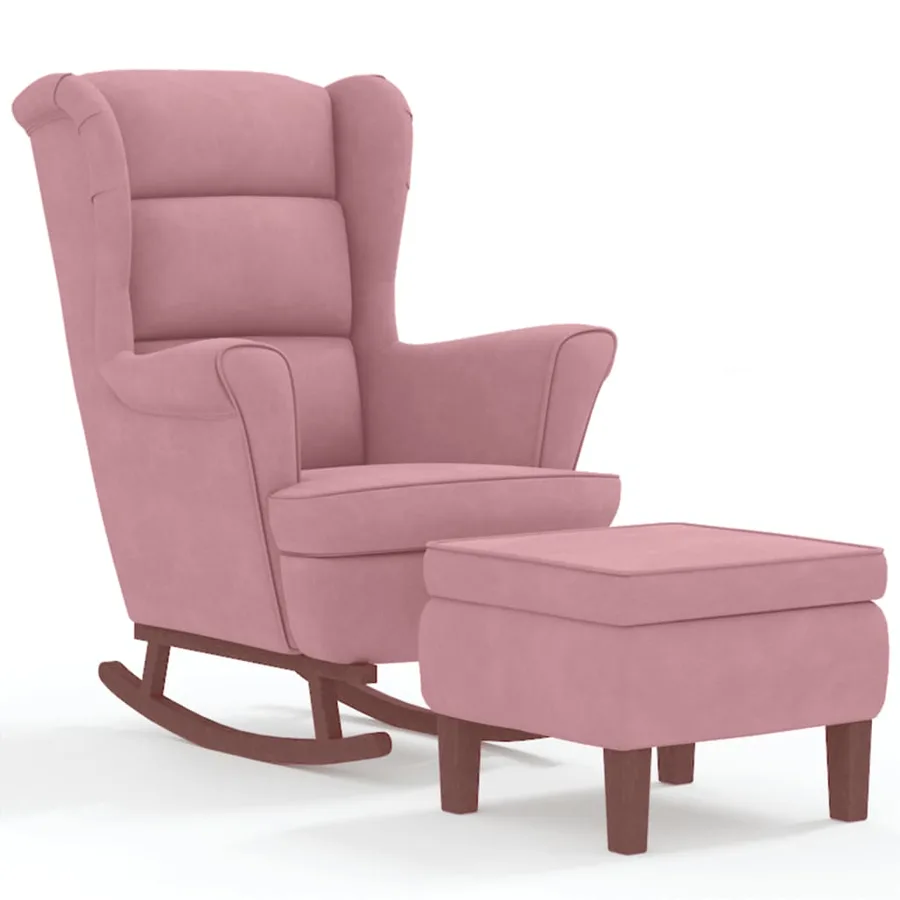 Fauteuil à bascule à oreilles en velours rose bois massif - 2