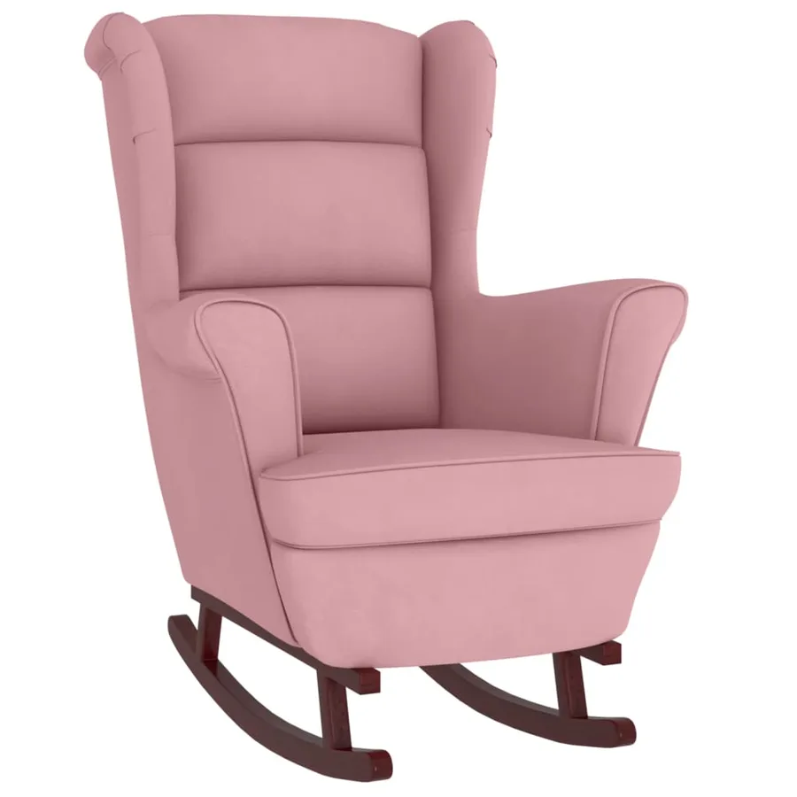 Fauteuil à bascule à oreilles en velours rose bois massif - 4