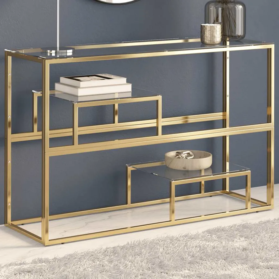 Table console doré acier inoxydable et verre trempé