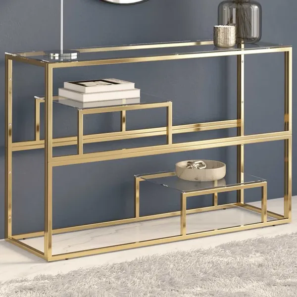 Table console doré acier inoxydable et verre trempé