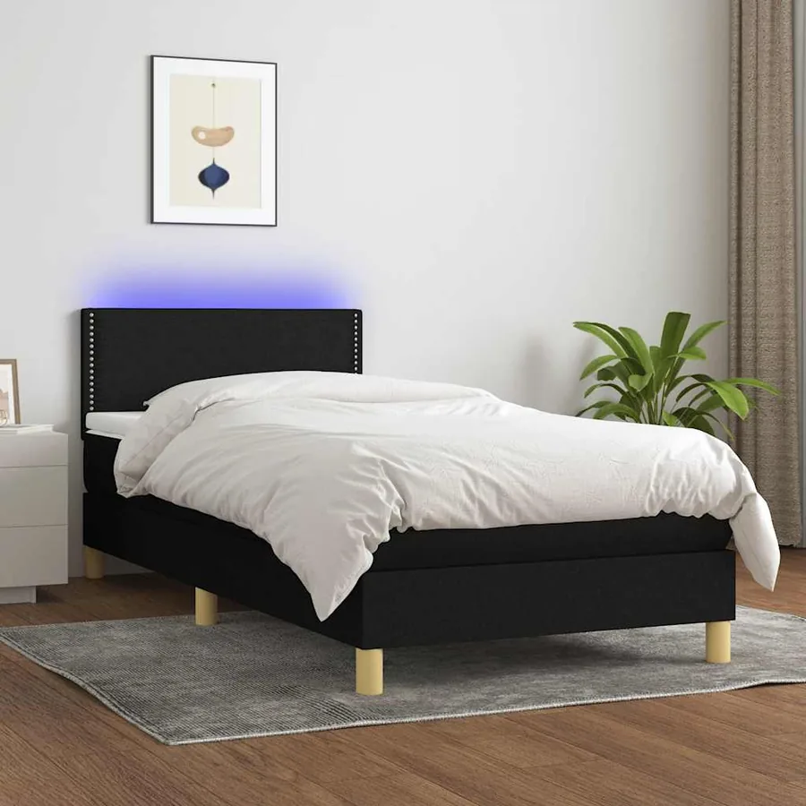 Sommier à lattes de lit avec matelas et LED Noir 90x190cm Tissu