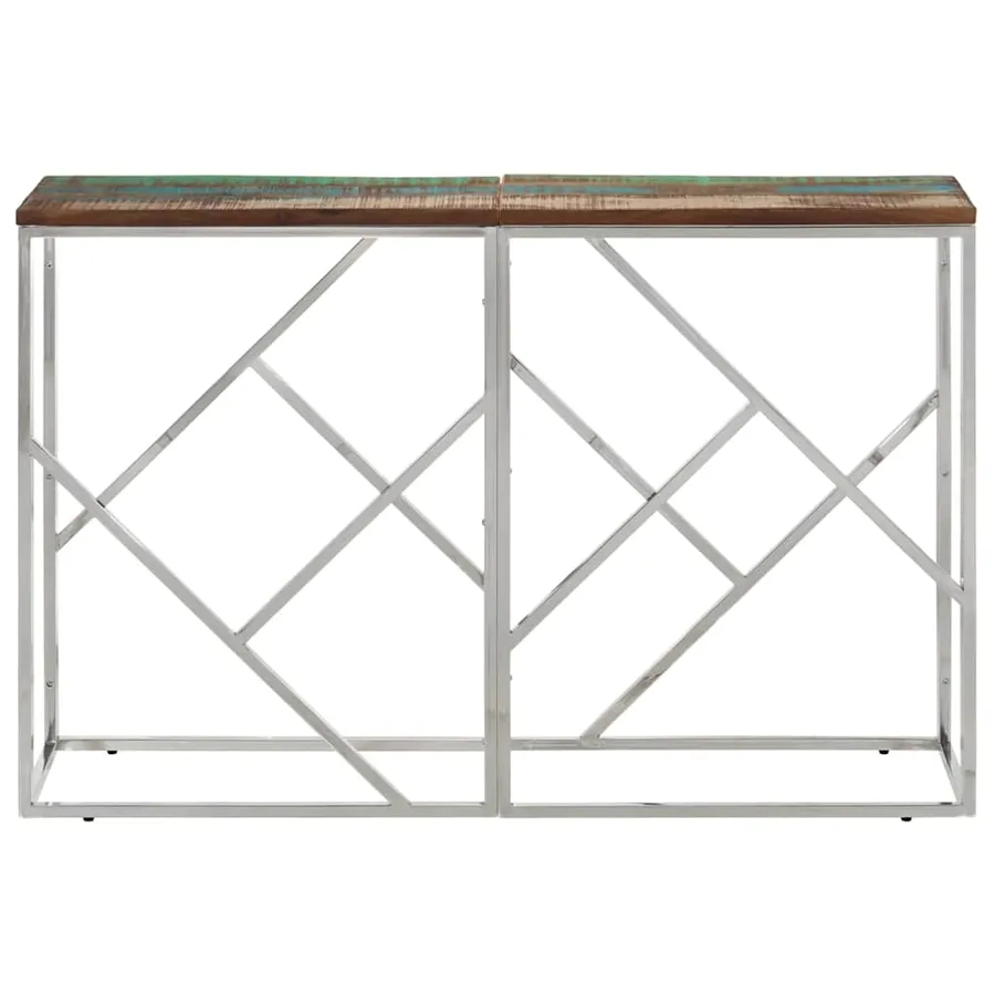 Table console argenté acier inoxydable/bois massif récupération - 2