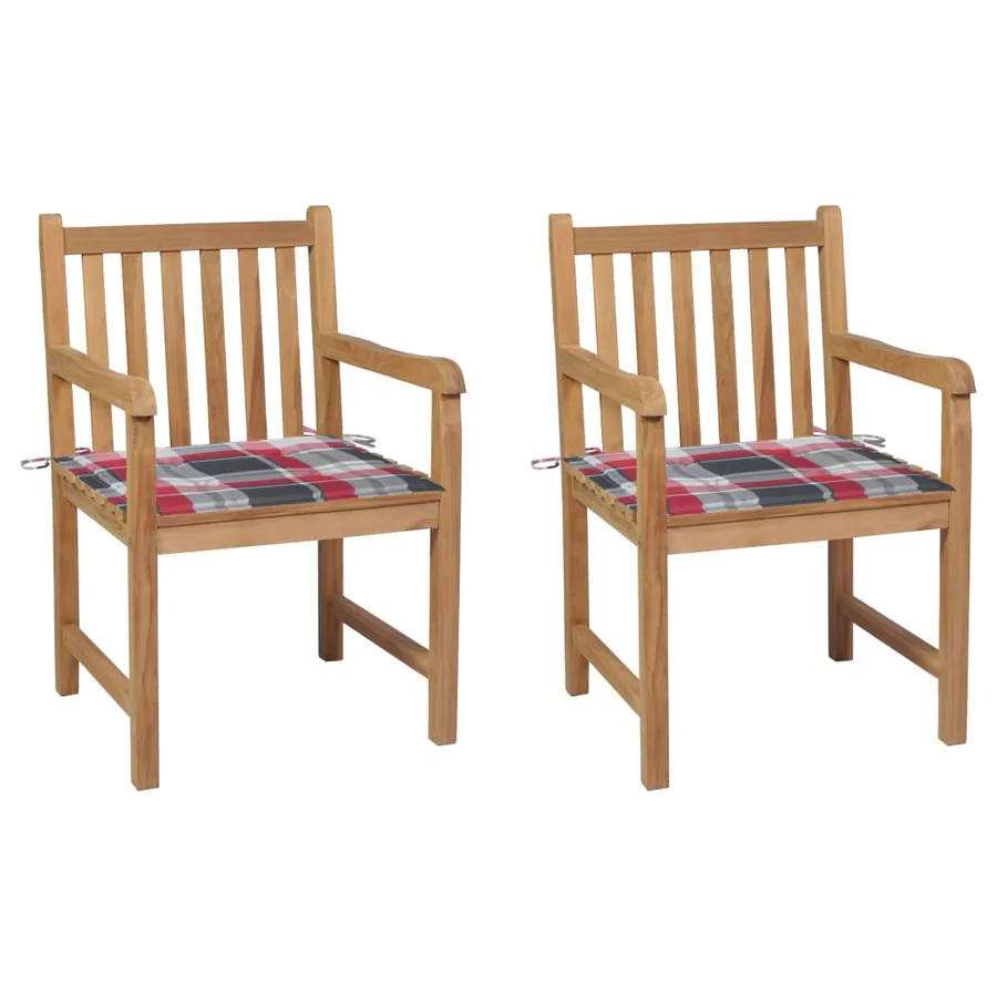 Chaises de jardin lot de 2 avec coussins à carreaux rouges Teck