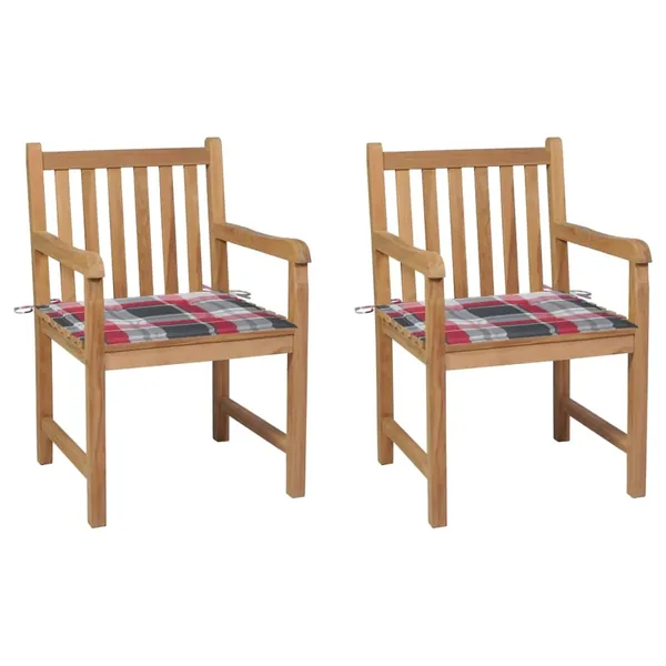 Chaises de jardin lot de 2 avec coussins à carreaux rouges Teck