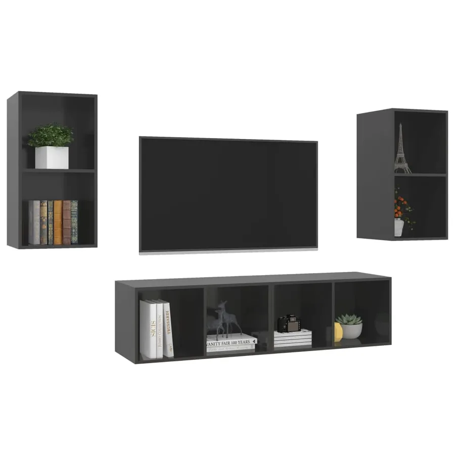 Meubles TV muraux 4 pcs Gris brillant Bois d'ingénierie - 3