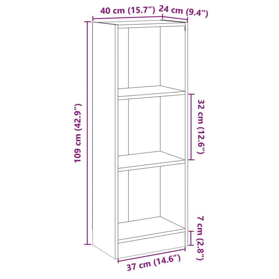 Bibliothèque à 3 niveaux gris 40x24x109 cm bois d'ingénierie - 7