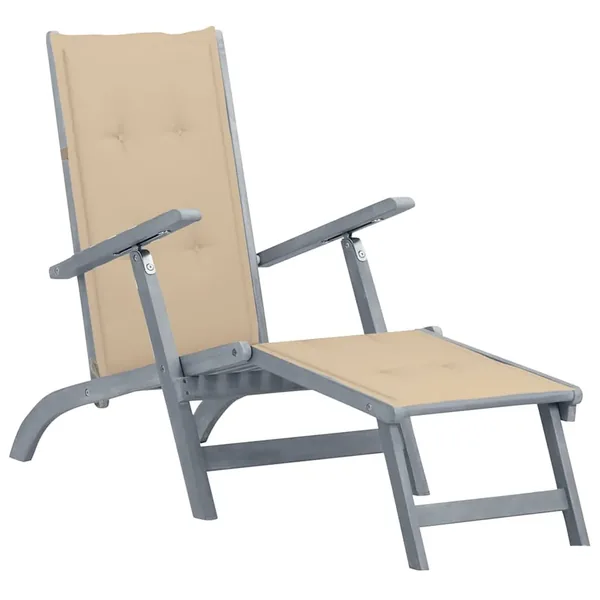 Chaise longue d'extérieur repose-pied et coussin Acacia solide