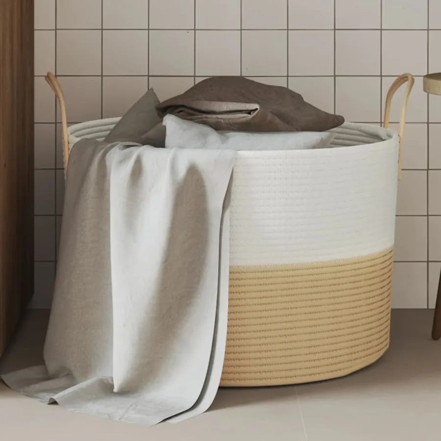 Panier de rangement beige et blanc Ø51x33 cm coton
