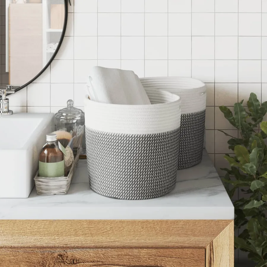 Paniers de rangement 2 pcs gris et blanc Ø28x28 cm coton - 3