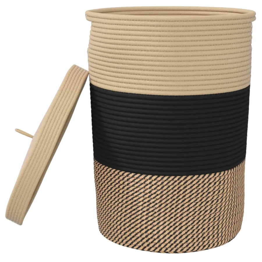 Panier de rangement avec couvercle noir et beige Ø37x50cm coton - 4