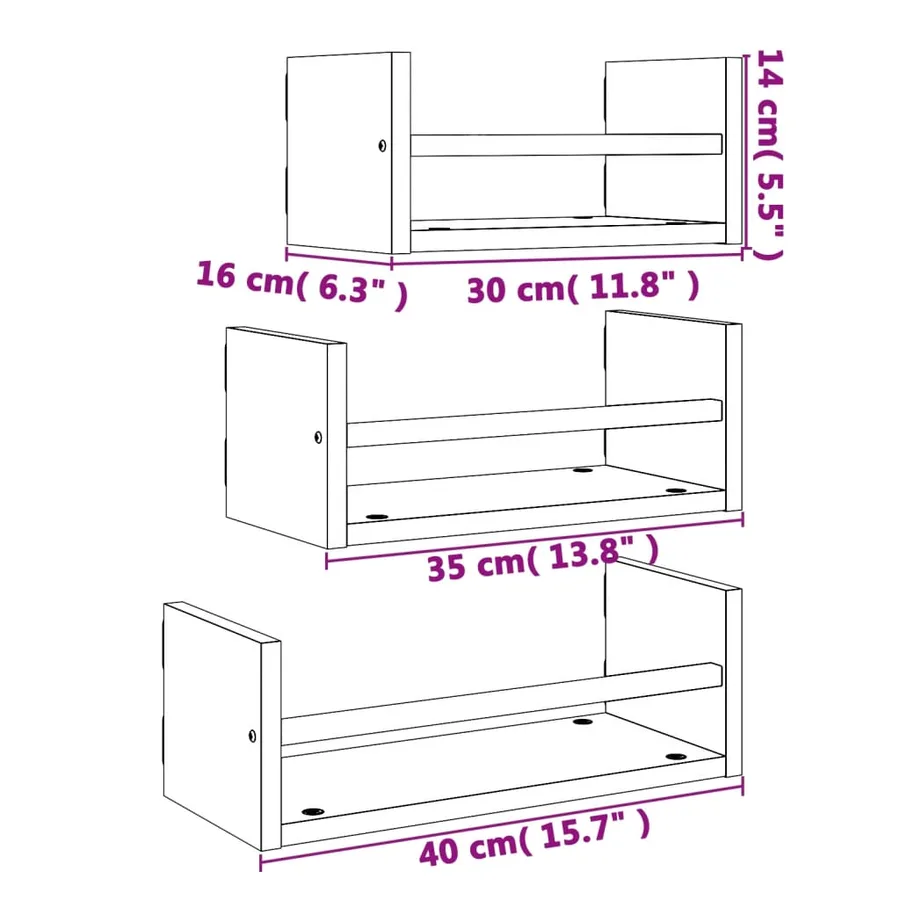 Ensemble d'étagères murales avec barres 3 pcs chêne fumé - 8