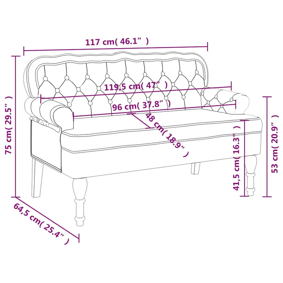 Banc avec dossier Noir 119,5x64,5x75 cm Velours - 9