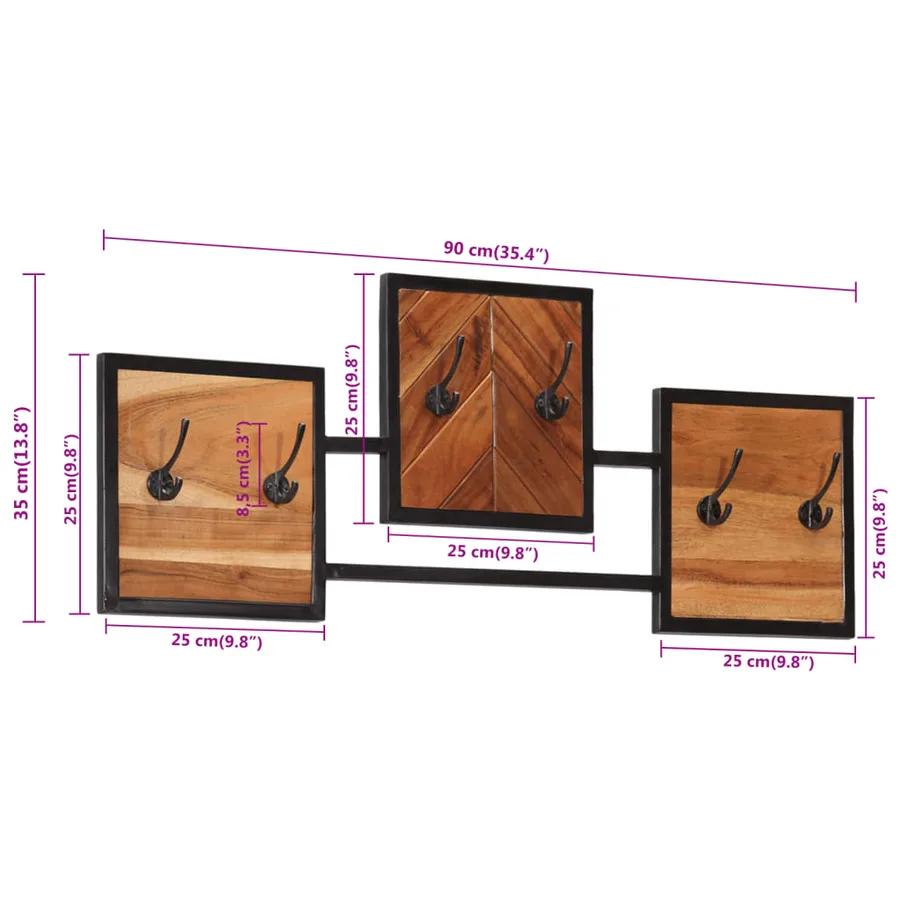 Porte-manteau mural 90x1x35 cm bois massif d'acacia et fer - 8