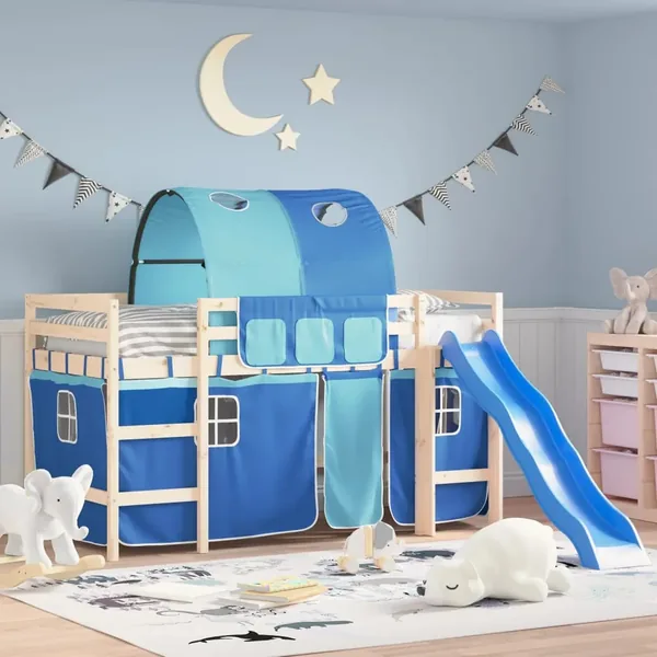 Rideaux pour lit mezzanine avec tunnel bleu polyester