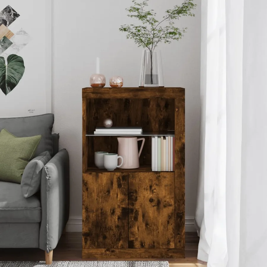 Armoire latérale avec lumières LED chêne fumé bois d'ingénierie - 4