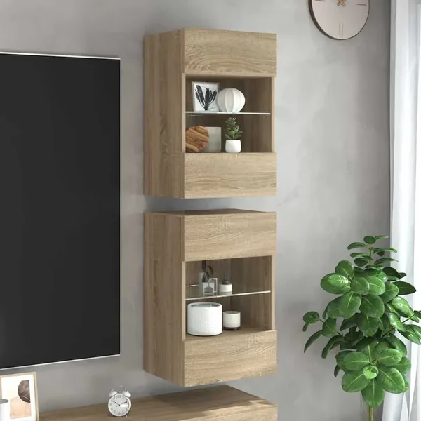 Meubles muraux avec lumières LED pour TV 2 pcs chêne sonoma 40x30x60,5 cm