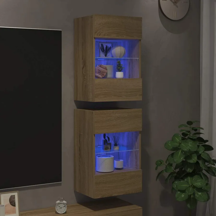 Meubles muraux avec lumières LED pour TV 2 pcs chêne sonoma 40x30x60,5 cm - 3