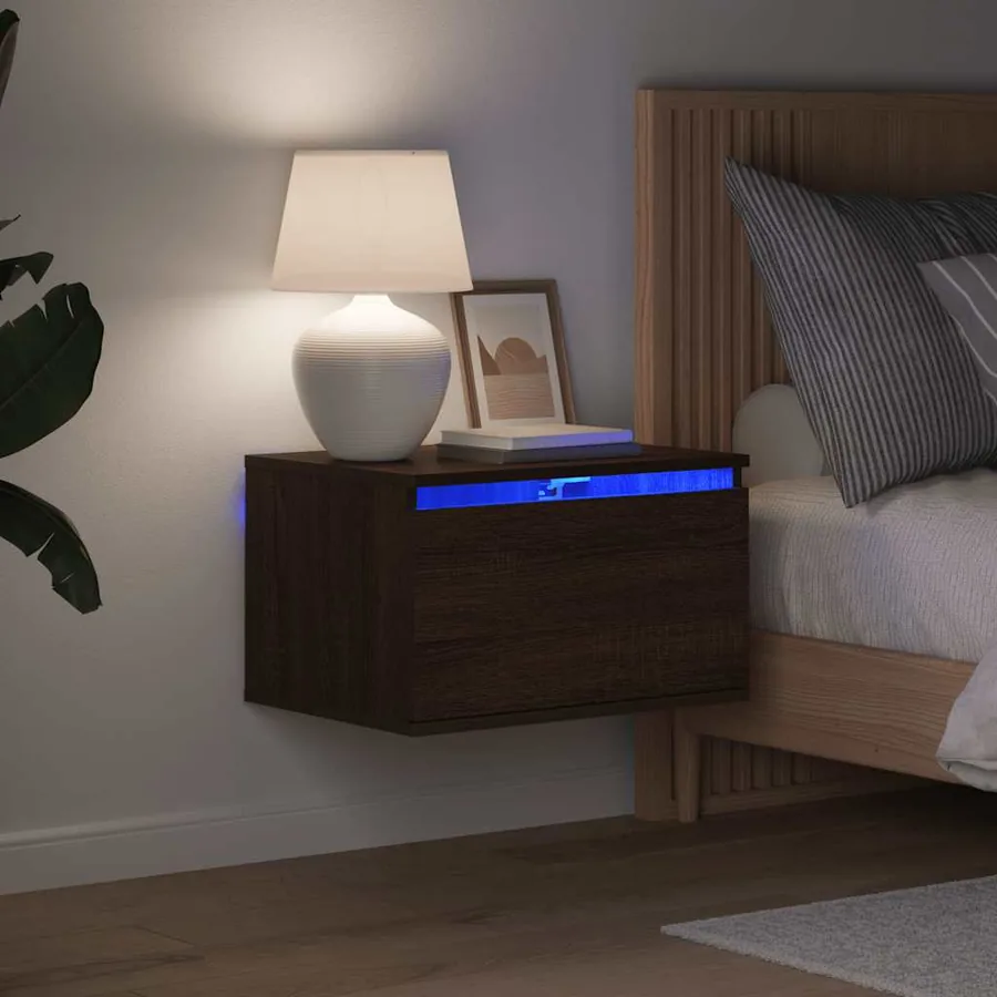 Tables de chevet murales avec lumières LED 2 pcs chêne marron
