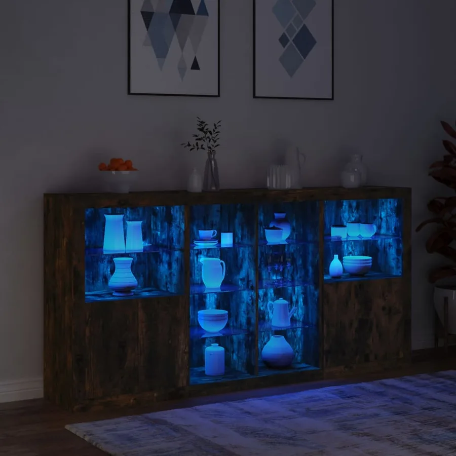 Buffet avec lumières LED chêne fumé 202x37x100 cm - 5