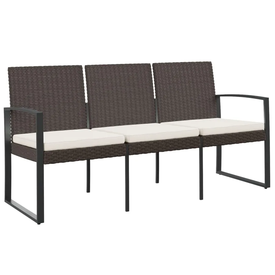 Banc de jardin à 3 places avec coussins marron PP rotin - 2