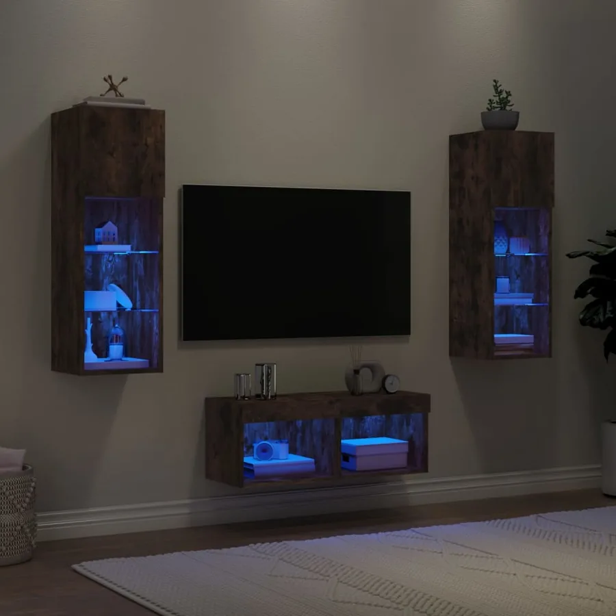 Meuble TV muraux 4 pcs avec lumières LED chêne fumé