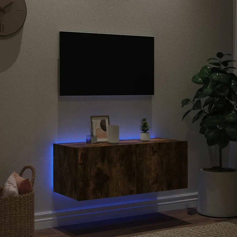 Meuble TV mural avec lumières LED chêne fumé 80x35x31 cm - 3