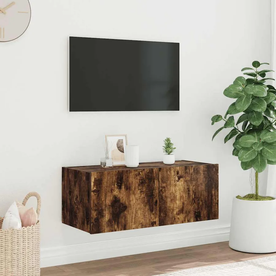 Meuble TV mural avec lumières LED chêne fumé 80x35x31 cm - 4