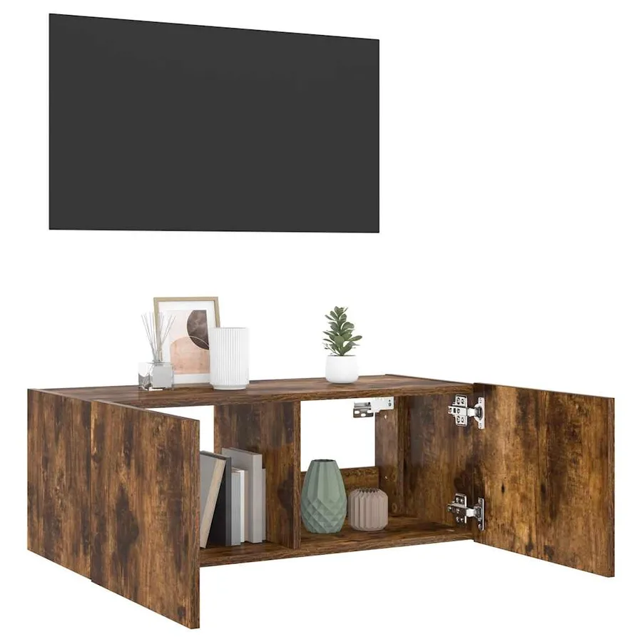 Meuble TV mural avec lumières LED chêne fumé 80x35x31 cm - 6