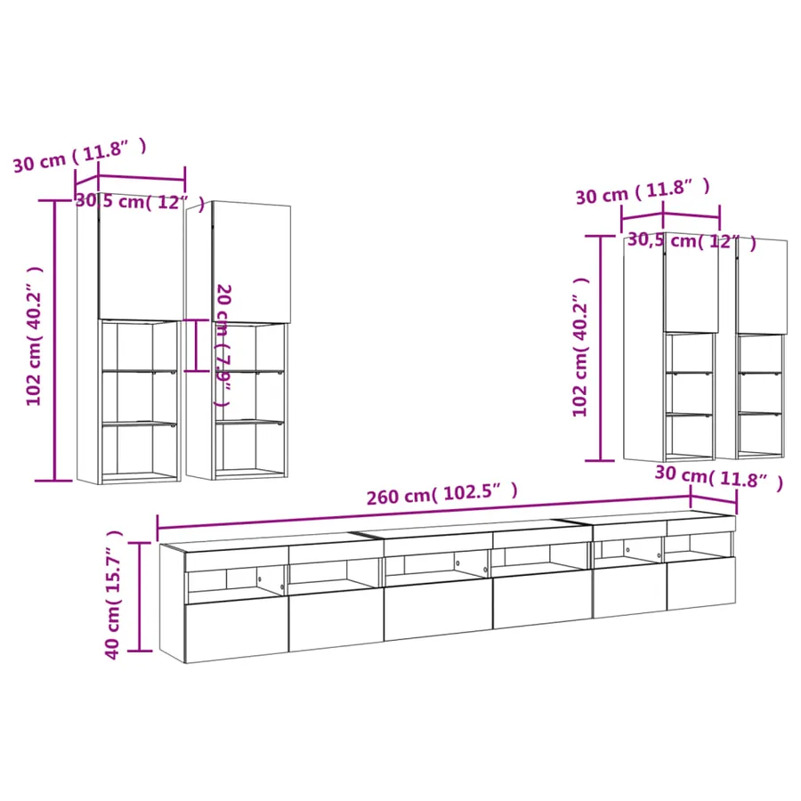Ensemble de meubles TV muraux 7pcs et lumières LED gris béton - 18