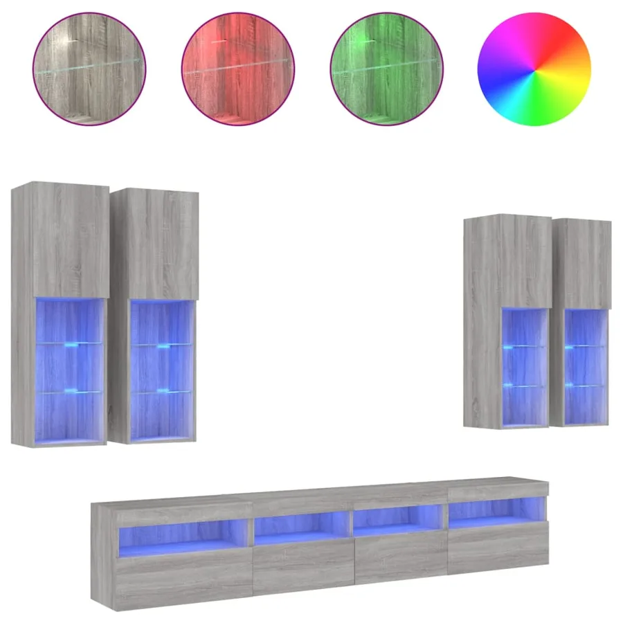 Ensemble de meubles TV muraux 7 pcs et lumières LED sonoma gris - 2