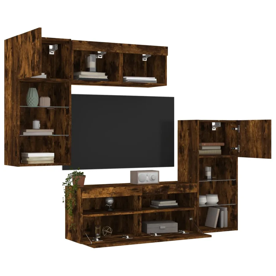 Unités murales TV avec LED 5 pcs chêne fumé bois d'ingénierie - 4