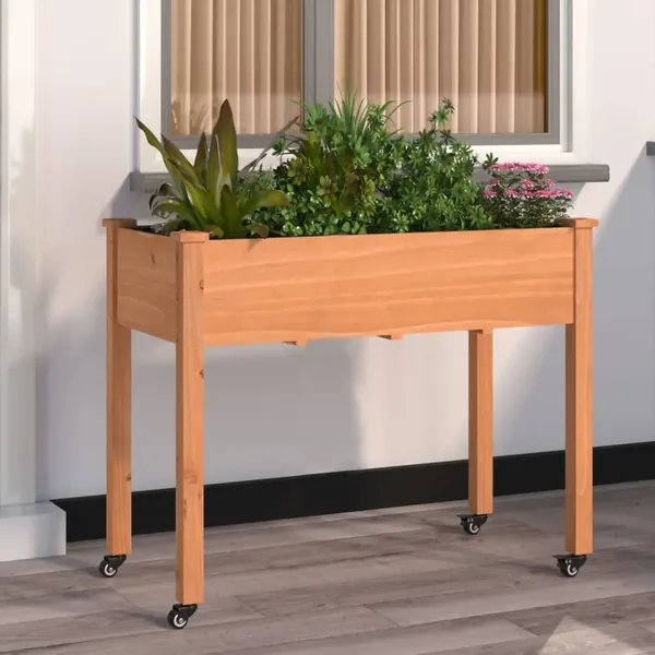Jardinière sur roues avec doublure brun 118x59x80 cm bois sapin