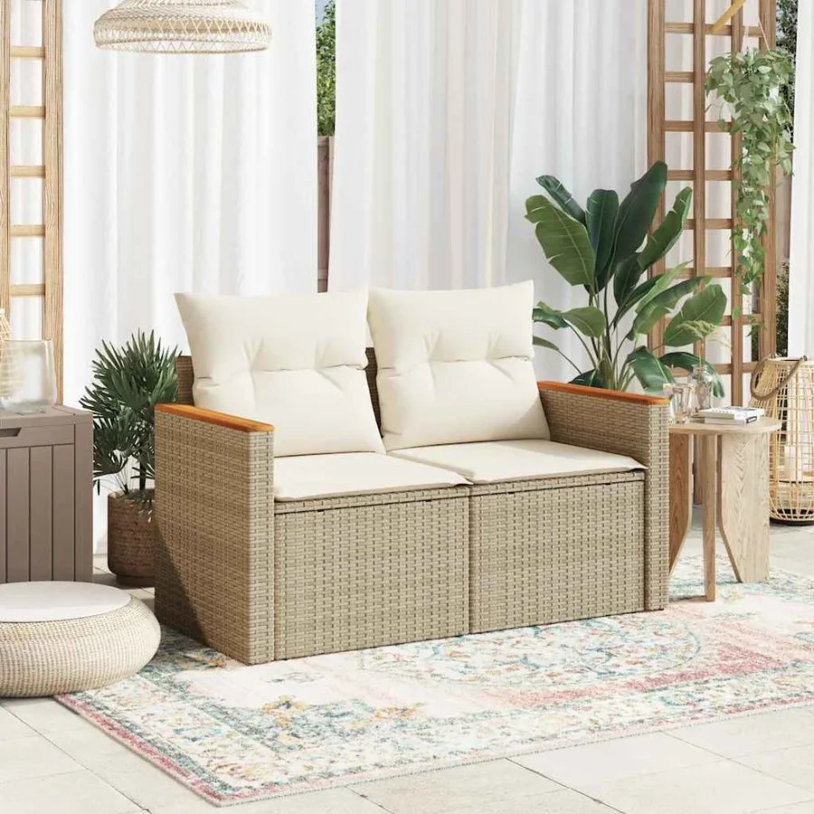 Canapé de jardin avec coussins 2 places beige résine tressée - 3