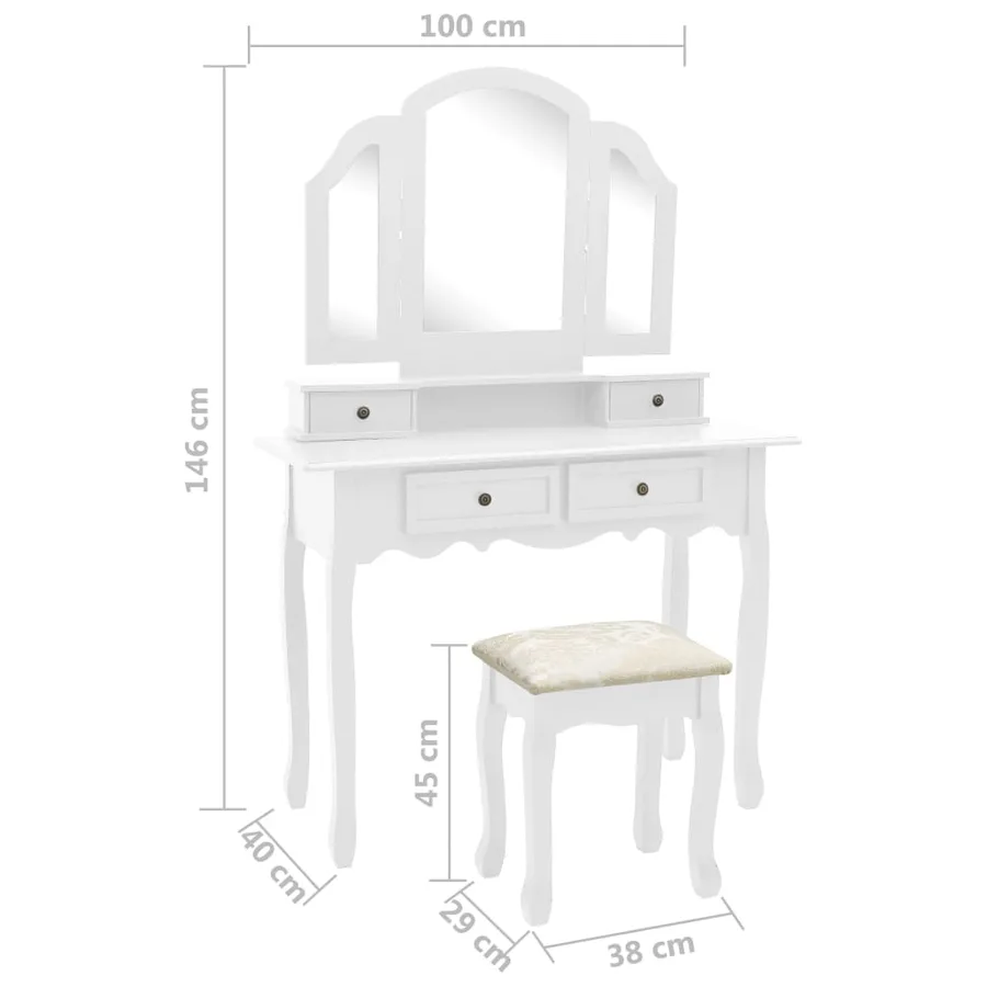 Ensemble de coiffeuse et tabouret Blanc 100x40x146 cm Paulownia - 12