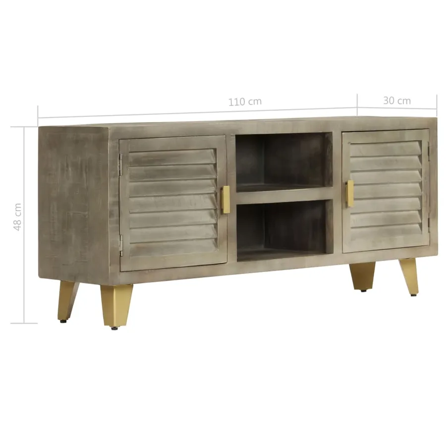 Meuble TV Bois solide de manguier Gris avec laiton 110x30x48 cm - 10