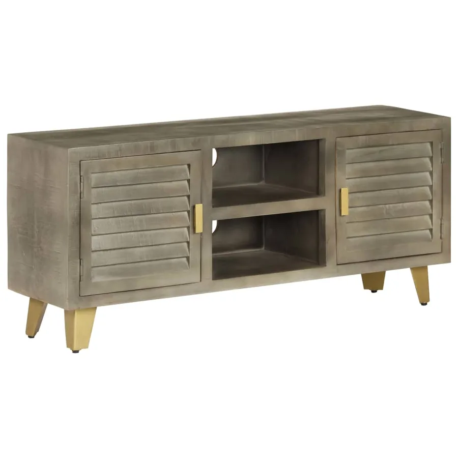 Meuble TV Bois solide de manguier Gris avec laiton 110x30x48 cm - 12