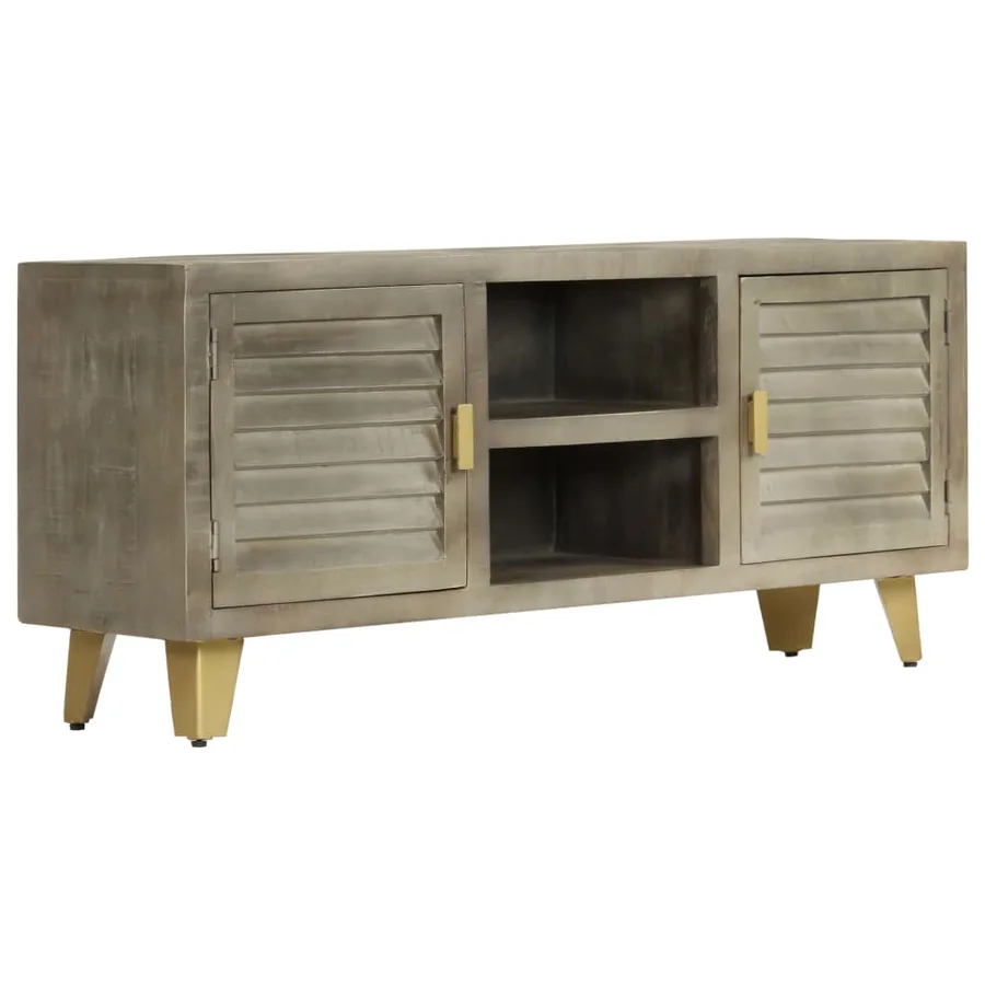 Meuble TV Bois solide de manguier Gris avec laiton 110x30x48 cm - 13