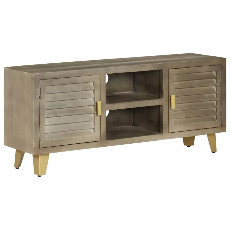 Meuble TV Bois solide de manguier Gris avec laiton 110x30x48 cm - 14