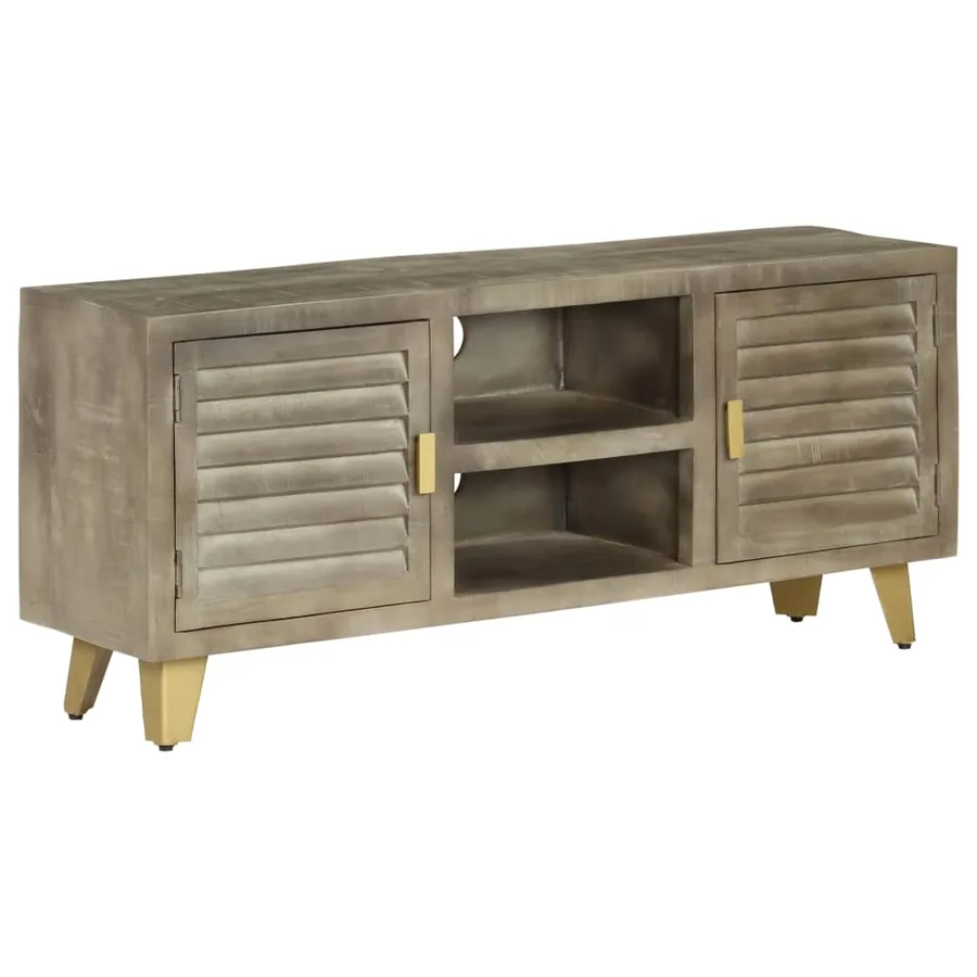 Meuble TV Bois solide de manguier Gris avec laiton 110x30x48 cm - 15