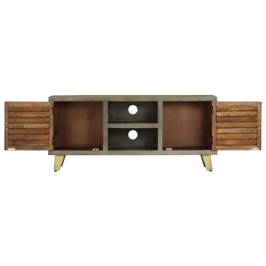 Meuble TV Bois solide de manguier Gris avec laiton 110x30x48 cm - 3